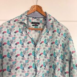 Bugatchi Classic Fit Long Sleeve Shirt - Turquoise & Pink Floral Print - Size M